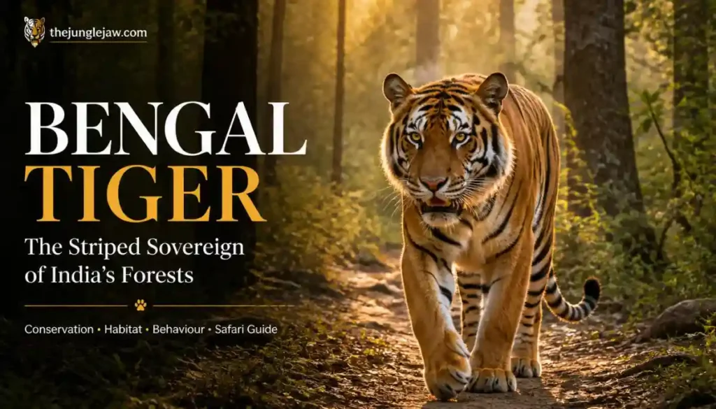 Bengal Tiger walking through a forest in India during golden hour, highlighting wildlife conservation and natural habitat.