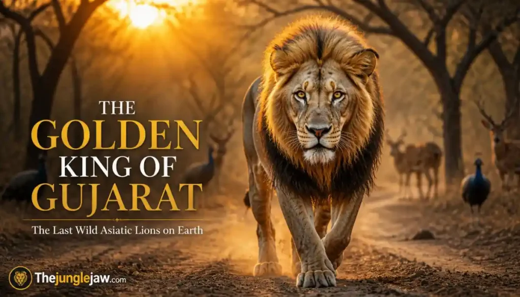 The Golden King of Gujarat Asiatic Lion walking through Gir National Park at sunrise