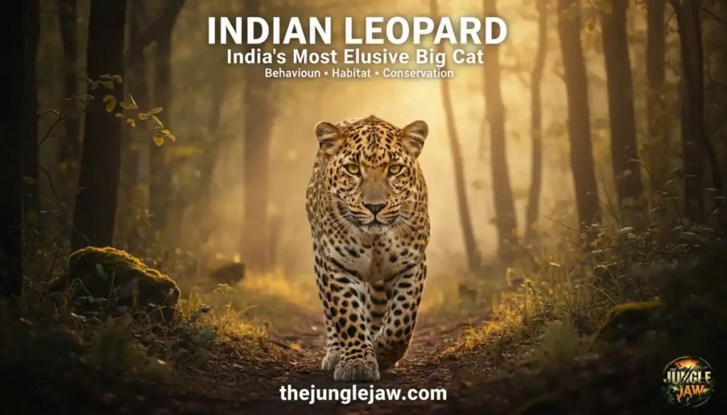 Indian Leopard walking through a forest trail in India during golden hour, highlighting its behaviour, habitat and conservation importance.