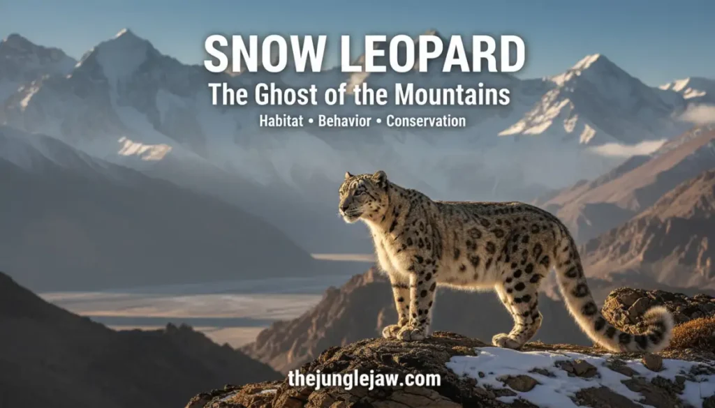 Snow Leopard in Ladakh standing on a rocky Himalayan ridge during golden hour, highlighting its habitat and conservation importance.