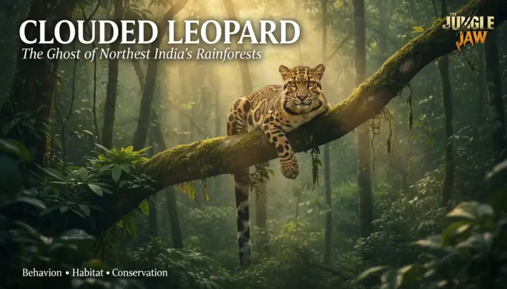 Clouded Leopard in Northeast India perched on a moss-covered rainforest tree branch during golden hour.