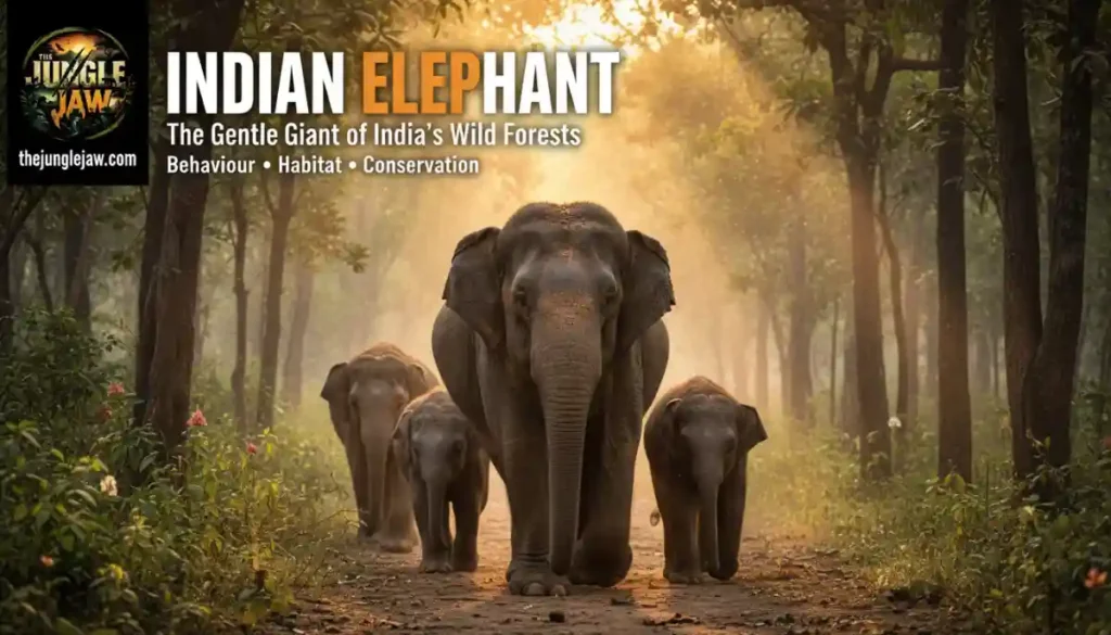 Indian Elephant Behaviour in India showing a matriarch leading her herd through a forest during golden hour.